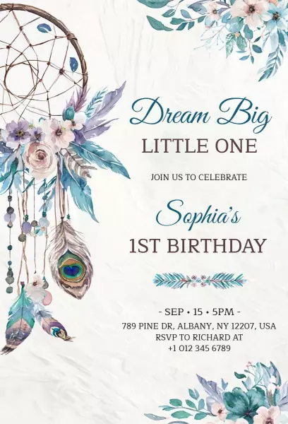 Dream Big Boho Chic 1st Birthday Celebration Invitation Template