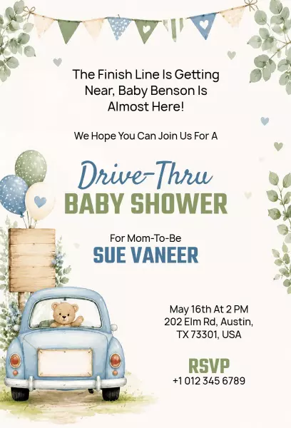 Drive-Thru Teddy Bear Themed Baby Shower Invitation Template