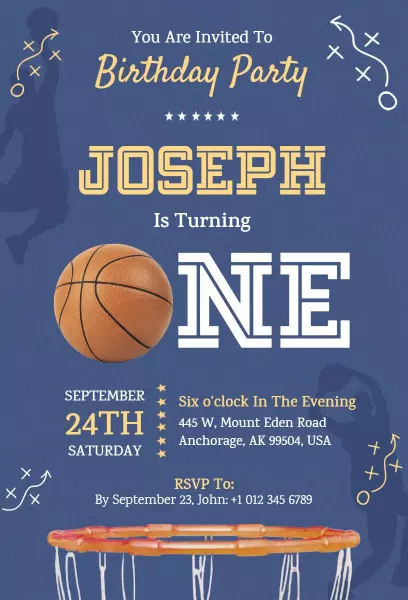 Dynamic Basketball Theme One Year Birthday Invitation Template