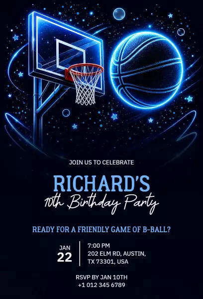 Dynamic Basketball Themed 10th Birthday Celebration Invitation Template