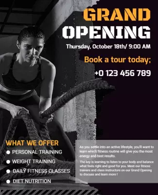 Dynamic Black and Orange Gym Grand Opening Flyer Template