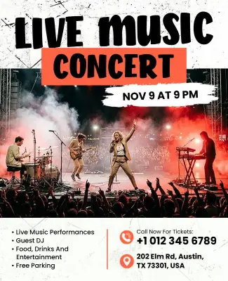 Dynamic Black and Red Live Music Concert Flyer Template