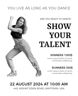 Dynamic Black and White Dance Competition Talent Show Poster Template