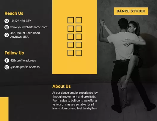 Dynamic Black and Yellow Dance Studio Class Information Brochure Template