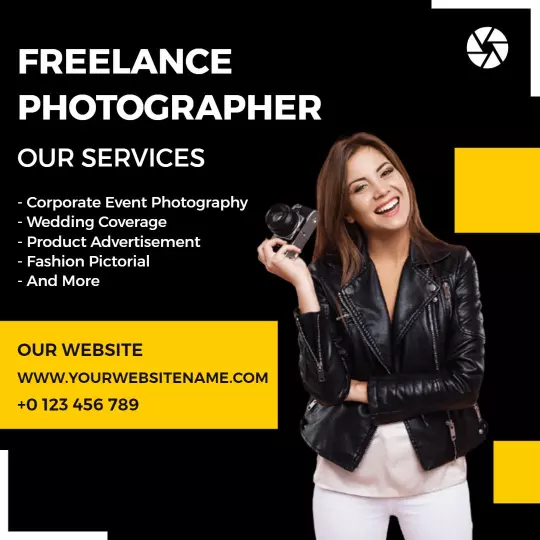 Dynamic Black and Yellow Freelance Photography Services Ad Template