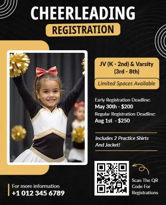 Dynamic Black Cheerleading Registration with Cheerleader Flyer Template