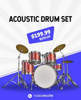 Dynamic Blue Acoustic Drum Set Promotion Poster Template