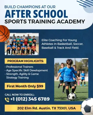 Dynamic Blue After School Sports Academy Enrollment Flyer Template