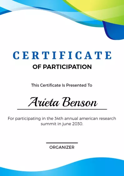 Dynamic Blue and Green Waves Participation Certificate Template