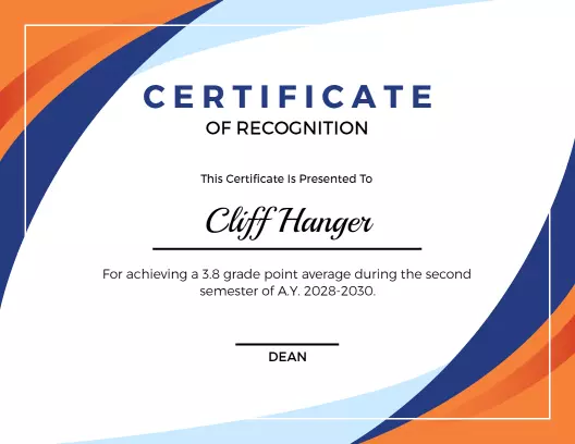 Dynamic Blue and Orange Academic Achievement Recognition Certificate Template