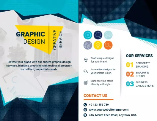 Dynamic Blue and Yellow Graphic Design Services Brochure Template