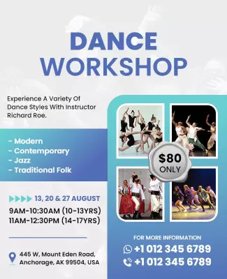 Dynamic Blue Dance Workshop with Varied Styles Poster Template