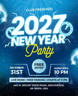 Dynamic Blue Fireworks 2027 New Year Bash Flyer Template