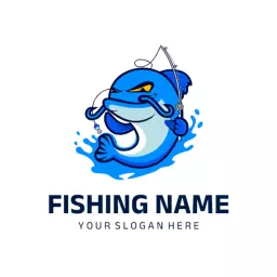 Dynamic Blue Fish Character Engaging in Fishing Logo Template