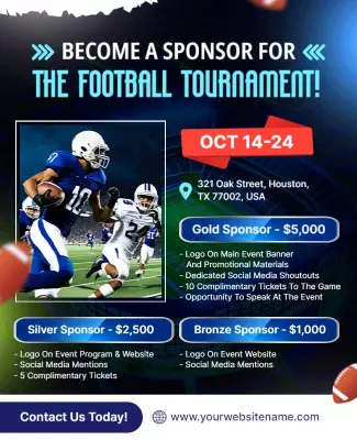 Dynamic Blue Football Tournament Sponsorship Opportunity Poster Template
