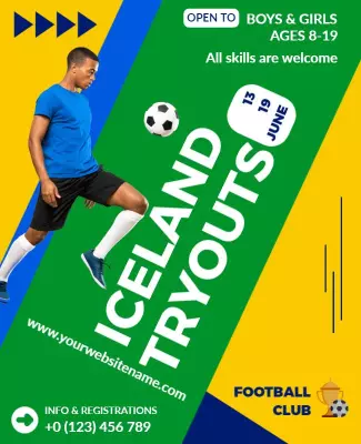 Dynamic Blue Football Tryouts Event Poster Template