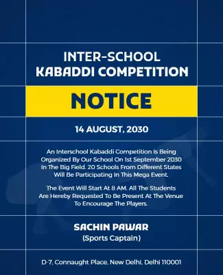 Dynamic Blue Inter-School Kabaddi Competition Notice Poster Template