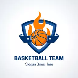 Dynamic Blue Shield with Flames and Basketball Team Logo Template