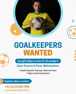 Dynamic Blue Soccer Tryouts for Goalkeepers Poster Template