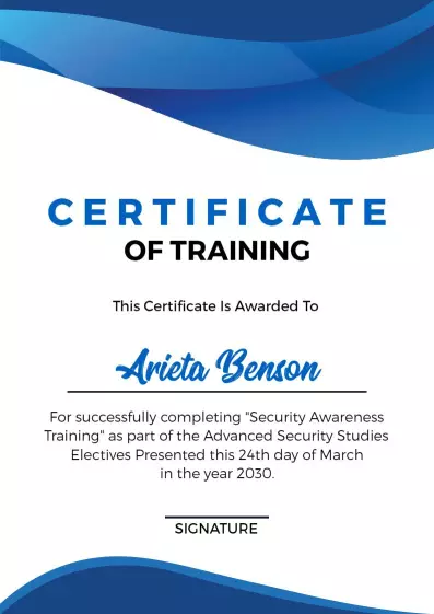 Dynamic Blue Wave Design for Security Awareness Training Certificate Template
