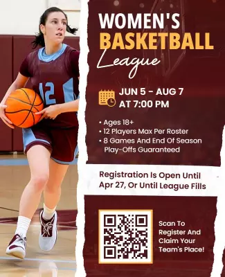 Dynamic Burgundy Women's Basketball League Registration Poster Template
