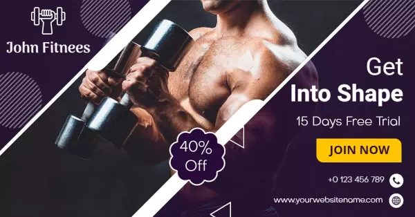 Dynamic Fitness Goals with Dumbbells and Bold Purple Facebook Ad Template