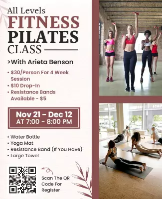 Dynamic Fitness Pilates Class for All Levels Poster Template
