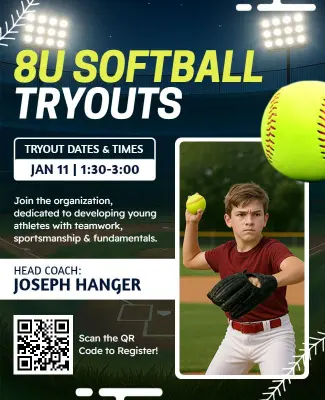 Dynamic Green 8U Softball Tryouts Registration Flyer Template