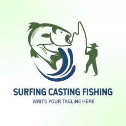 Dynamic Green and Blue Fishing Scene Featuring Angler Logo Template