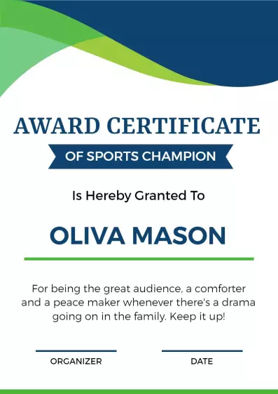 Dynamic Green and Blue Sports Champion Award Certificate Template