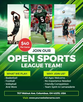 Dynamic Green Open Sports League Recruitment Poster Template