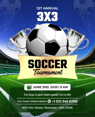 Dynamic Green Soccer Tournament with Trophies Poster Template