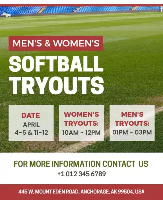 Dynamic Green Softball Tryouts Promotional Poster Template
