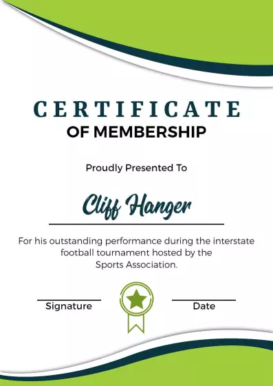 Dynamic Green Sports Association Membership Certificate Template