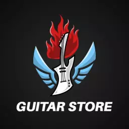 Dynamic Guitar with Flames and Wings Representing Music Store Logo Template