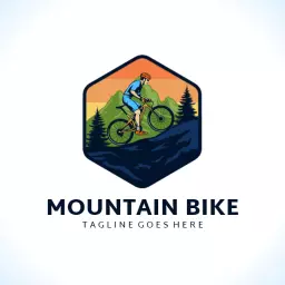 Dynamic Mountain Biker Descending Rocky Terrain Logo Template