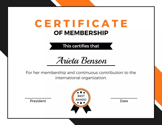 Dynamic Orange and Black Membership Contribution Certificate Template