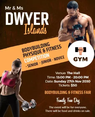 Dynamic Orange Bodybuilding Fitness Competition Poster Template