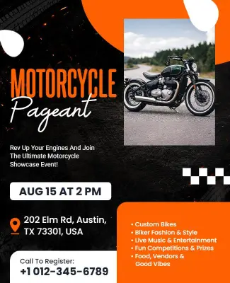 Dynamic Orange Motorcycle Pageant Event Flyer Template