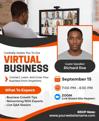 Dynamic Orange Virtual Business Networking Event Flyer Template