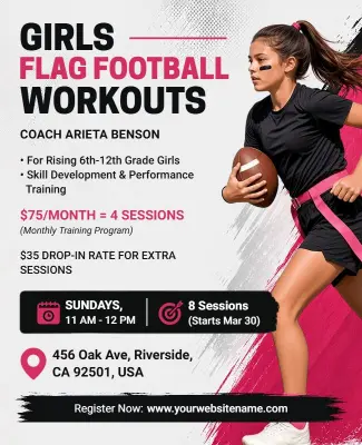 Dynamic Pink Girls Flag Football Training Flyer Template