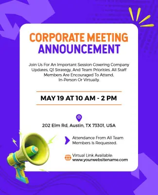 Dynamic Purple Corporate Meeting Notification Flyer Template