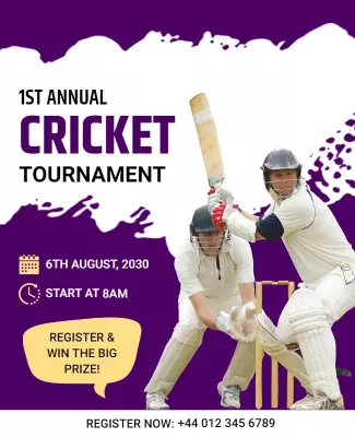 Dynamic Purple Cricket Tournament Registration Poster Template