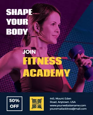Dynamic Purple Fitness Academy Promotion Poster Template