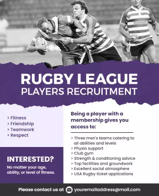 Dynamic Purple Rugby League Players Recruitment Poster Template