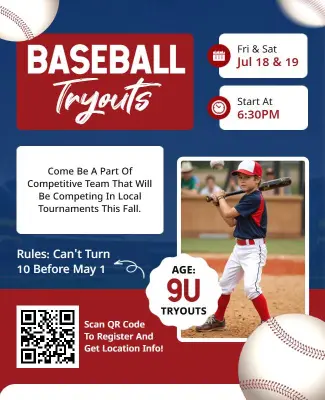 Dynamic Red Baseball Tryouts for Young Athletes Flyer Template