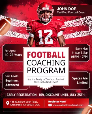 Dynamic Red Football Coaching Program Registration Poster Template