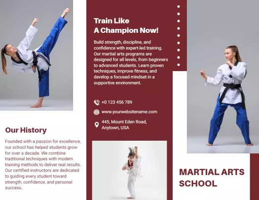 Dynamic Red Martial Arts School Training Tri Fold Brochure Template
