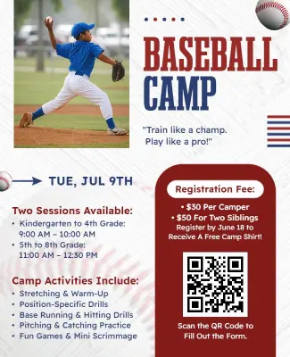Dynamic Red Sports Baseball Training Camp Flyer Template