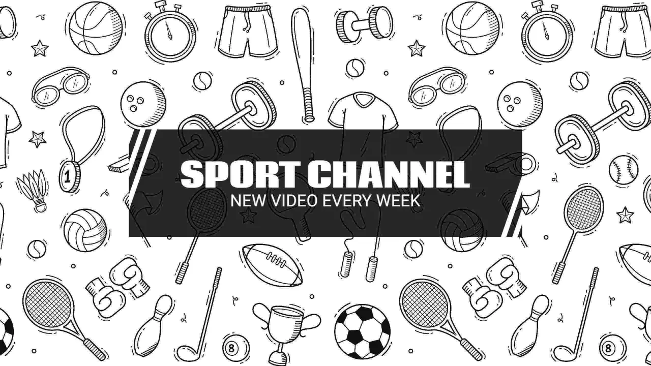 Dynamic Sports Equipment Sketches on White YouTube Banner Template